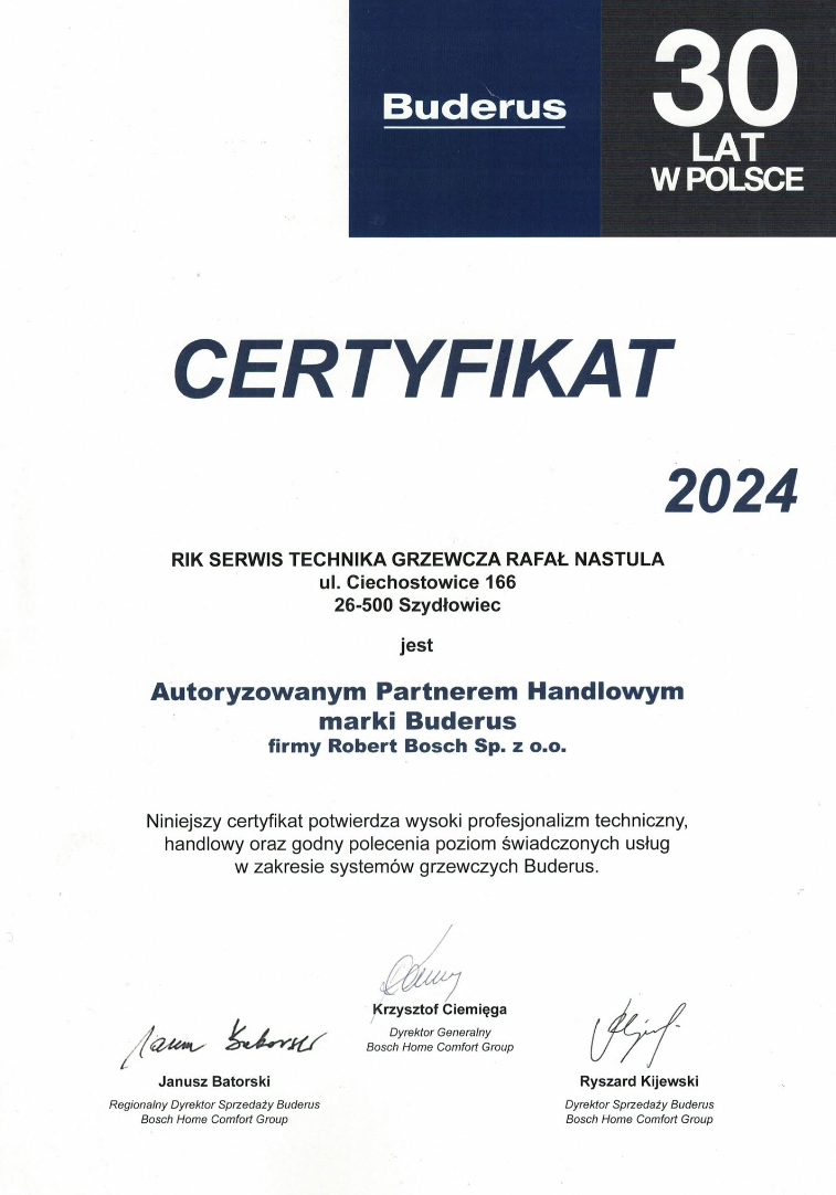 Certyfikat Autoryzowanego Partnera Handlowego marki Buderus 2024